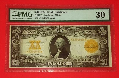 {USA 1922 $20 Gold Certificate FR-1187 Grade VF-30 / S/N# K73946439 / Scarce!} - Image 1 of 2