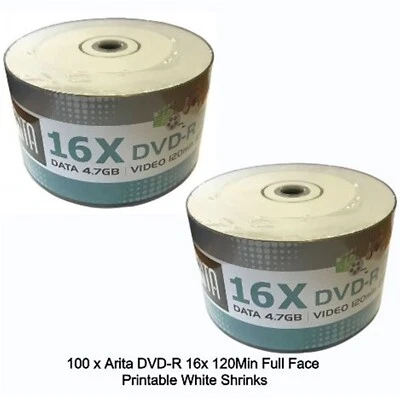 100 x Arita Ritek DVD-R 16x Full INKJET Printable 4.7GB 120 mins Blank DVD Discs - Image 1 of 4
