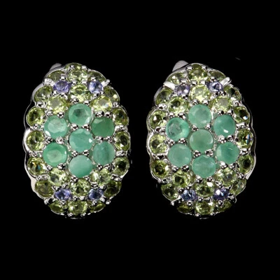 925 Sterling Silber Ohrringe Runde Smaragd Peridot Tansanit Edelstein Schmuck - Bild 1 von 4