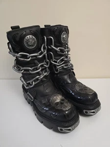 New Rock Reactor Skull Chain Spikes Leather Chunky Mid Calf Boots UK7 EU41 Goth - Picture 1 of 15