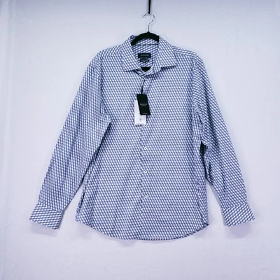 New Bugatchi Comfort Stretch Blue Geometric Cube Long Sleeve Button Shirt L - Image 1 of 4