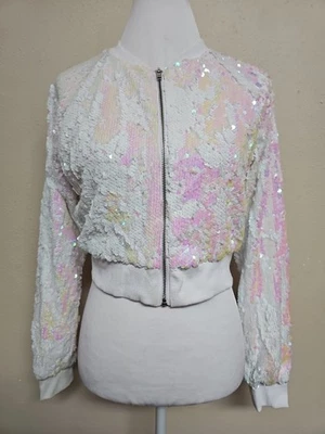 Jaqueta cropped feminina manga longa lantejoulas zíper completo nova com etiquetas Forever 21. Tamanho P - Imagem 1 de 4