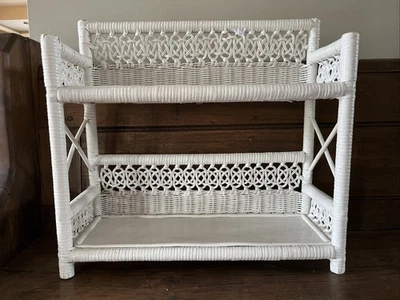 Vtg Cottage Farmhouse Wicker Rattan 2 Tiered Shelf Stand Wall Mount 17.75x16.75 - Image 1 of 4