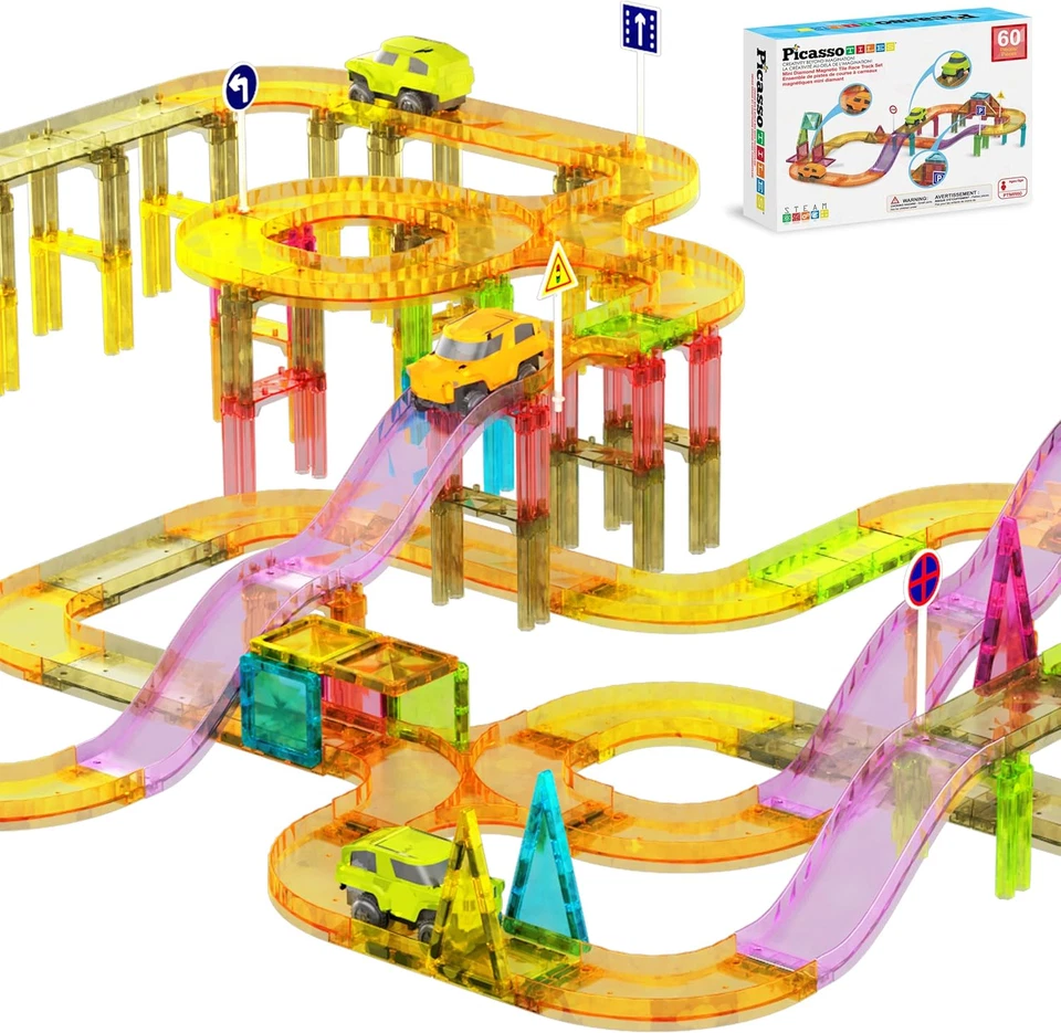 PICASSO-TILES 60PCS Race Track Magnetic Tiles 2 Cars STEM Educational Toy New - Image 1 of 4