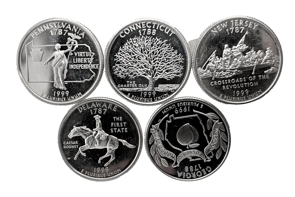 1999 S 5 Coin Year Set 50 States US Quarter 25c Gem Deep Cameo Proof 90% Silver - Image 1 of 4