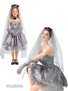 X-C3-2 Ladies Girls CORPSE BRIDE COSTUME Fancy Dress  Horror Zombie Graveyard - Picture 1 of 11