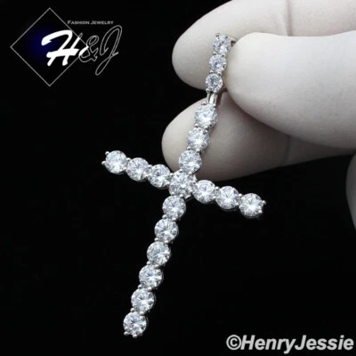 MEN SOLID 925 STERLING SILVER ICY BLING CZ 3D 1 ROW TENNIS CROSS PENDANT*SP170 - Image 1 of 4