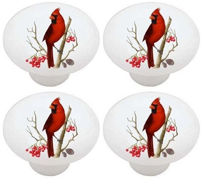 Juego de 4 perillas de gabinete de cajón de cerámica Cardenales pájaros rojos Foto 1 de 4
