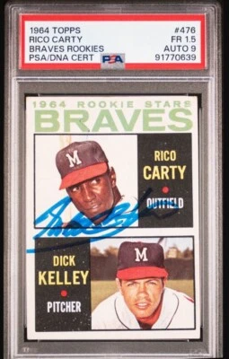 Tarjeta de béisbol de novato firmada por Topps Rico Carty 1964 PSA 1,5 ADN certificada automática 9 Foto 1 de 4