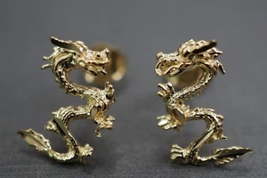 14K Solid Yellow Gold 11MM Men Women Diamond Cut Dragon Stud Earrings. - Picture 1 of 10