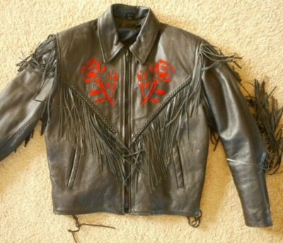 Abrigo de cuero negro con flecos para mujer chaqueta roja rosa años 90 38" talla C ¿Med? Foto 1 de 4