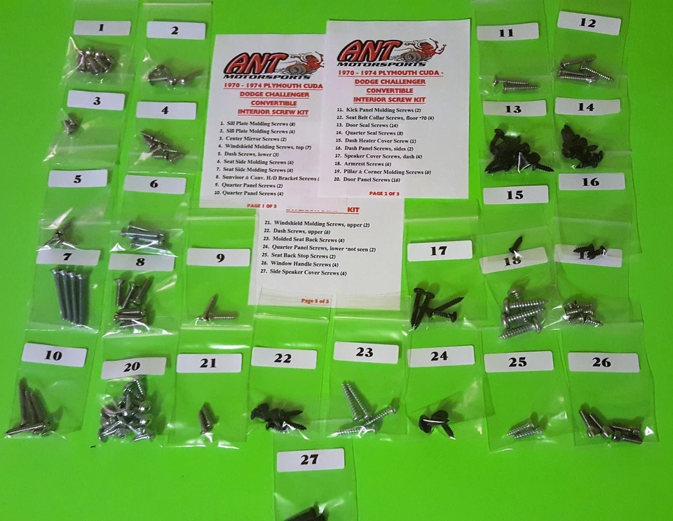 1970 - 1974 PLYMOUTH BARRACUDA *CONVERTIBLE ONLY* INTERIOR SCREW KIT   129PCS - Image 1 of 1