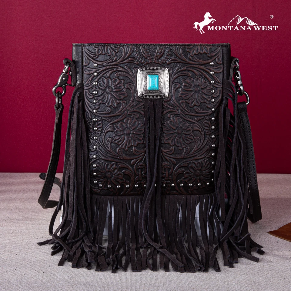 Montana West Genuine Leather Tooled Silver Turquoise Concho Fringe Crossbody CF - Image 1 of 4
