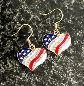 4th July Patriotic Rhinestone Enamel Dangle Heart Earrings Red White Blue Gold - Picture 1 of 5
