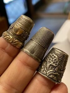 3 antique vintage deco victorian silver 800  gold thimble sewing lot