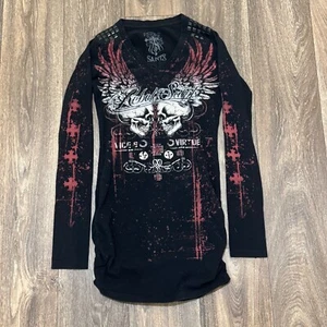VTG Affliction Shirt Women's Medium Black Studs Rebel Saints AOP Skull Wings Y2K - Picture 1 of 12