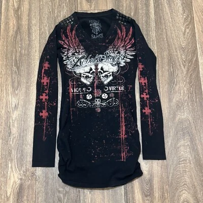 Camisa De Colección Affliction Para Mujer Mediana Negra Tachuelas Rebel Saints AOP Alas Calavera Y2K Foto 1 de 4