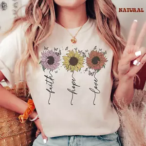 Sunflower Faith Hope Love Butterfly T Shirt Gift for Christian Womens T Shirt - Picture 1 of 8