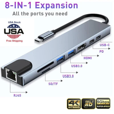 8-in-1 USB-C Hub Adapter Type-C Hub HDMI For MacBook Pro/Air iPad Pro Laptop - Image 1 of 4