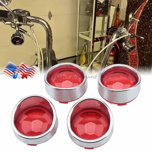 For Harley Softail Dyna 4PCS Red Lens Turn Signal Covers w/Chrome Visors Bezels - Bild 1 von 18