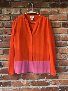 Barneys New York Women Pink Orange Colorblock Long Sleeve Silk Blouse XS - Picture 1 of 4