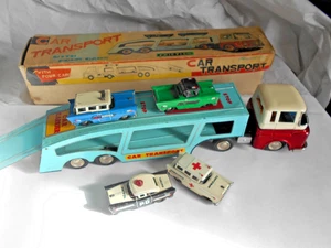 Vintage Tin toy Shanghai red china MF 868 Car Transporter + 4 Cars 1960s boxed - Picture 1 of 13