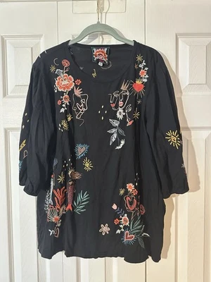 Camiseta Johnny Was Puff Manga 3/4 Bordada Negra Especial X Grande Foto 1 de 4