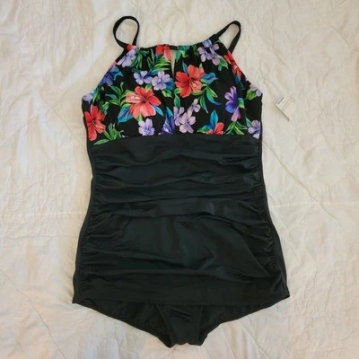 Catalina One Piece Tropical Hawaii Floral High Neck Bathing Swimsuit L 12-14 - Image 1 of 4