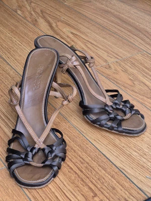 Vintage Prada Brown Satin Leather Sexy Sling Back Women's Woven Heel Sandals 7 - Image 1 of 4