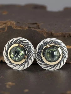 ORECCHINI BISCOTTI DAVID YURMAN ARGENTO STERLING ORO 18K PERIDOTO 12,5mm #7986 - Foto 1 di 4