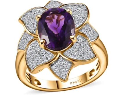 MOROCCAN AMETHYST & ZIRCON LOTUS FLORAL RING In VERMEIL Y GOLD Ov SILVER. SIZE 6 - Image 1 of 4