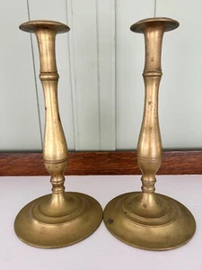 Beautiful Pair Antique Spun Brass Queen Anne Or Victoria 12” Candle Sticks - Picture 1 of 6