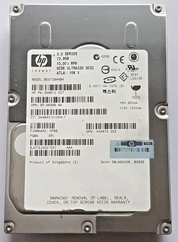72.8 GB HP ATLAS 10K V BD0728A4B4 Wide Ultra320 SCSI 80Pin 8MB 3.5" Hard Drive - Image 1 of 1