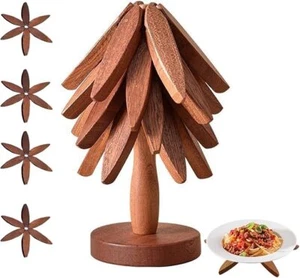 Holzuntersetzer, Baumform Untersetzer Set, 4 Holz Warmgeschirr Teller + 1 Ständer - Bild 1 von 4
