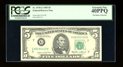 DBR 1985 $5 FRN Chicago Fr. 1978-G PCGS XF-40 PPQ Serial G60191412B - Image 1 of 2