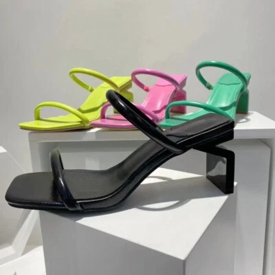 Women Strappy Block High Heel Slippers Sexy Mules Open Toe Sandals Slip On Shoes - Image 1 of 4