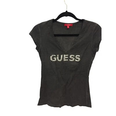GUESS Лос-Анджелес футболка женщин XS круглый вырез короткий рукав черный серебряный пуловер - Изображение 1 из 4