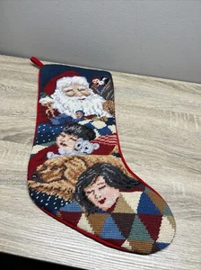 Vintage Needlepoint Stocking Santa With Kids Sleeping Wool Cotton - Picture 1 of 7