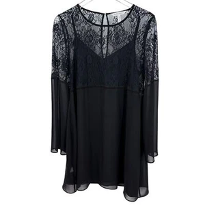 BCBGeneration Black Lace Overlay Bell Sleeve Slip Dress Size Large Keyhole Back - Picture 1 of 10