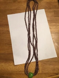 Vintage Wooden Beaded Long Necklace w/Large Green Bead - Picture 1 of 4