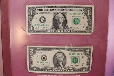 [APRIL 14, 2015] $1 & $2 MATCHING SERIAL #'S SET. SN B 20154014A  BIRTHDAY SET!! - Image 1 of 4