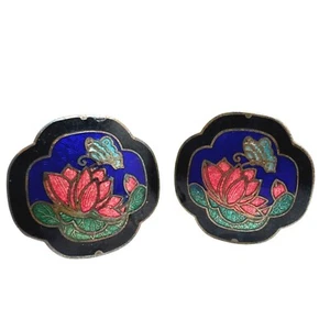Cloisonne Emaille Ohrringe Lotusblume & Schmetterling Vintage Clip-On - Bild 1 von 9