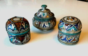 SET OF 3 Antique Moroccan FES Ceramic Jar/Vase/Urn With Lid w/ Silver Filigree - Picture 1 of 17