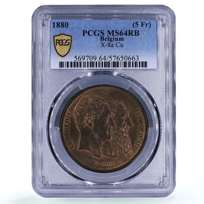 Belgium 5 francs 50 Years Constitution Leopold I II MS 64 PCGS copper coin 1880 - Image 1 of 4
