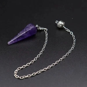 PENDULE AMETHYSTE FACETTE FINE CHAINE ARGENTEE - Picture 1 of 3