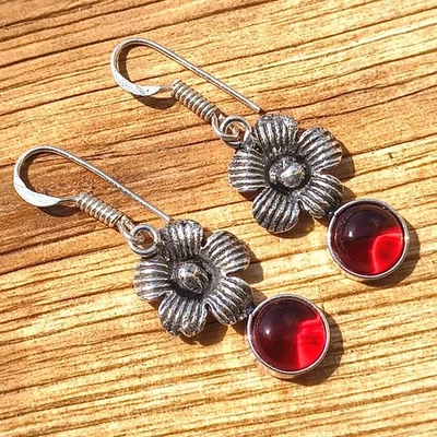 Boucles d'oreilles pendantes goutte pierre précieuse grenat ethnique en argen... - Photo 1/4