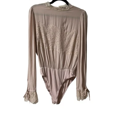 Forever 21 Women’s Large Bodysuit Soft Pink Long Sleeve Lacy Romantic One Piece - Image 1 of 4