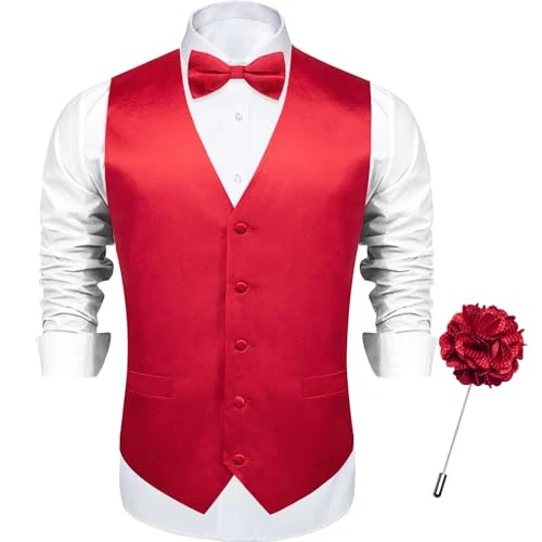  Mens Satin Vest and Bowtie Lapel Pin Set for Suit or Small Satin Fire Red - Image 1 of 4