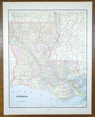 Vintage 1892 LOUISIANA Mapa 14"x10" Antigo Original NOVO ORLEANS BATON ROUGE - Imagem 1 de 4