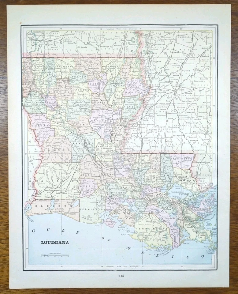 Mapa LOUISIANA 1892 14"x10" Antiguo Antiguo Original NUEVA ORLEANS BATON ROUGE Foto 1 de 4